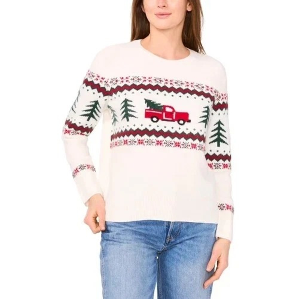 Vince Camuto Womens Holiday Red Truck Christmas Tree Sweater Cream Beige Size M